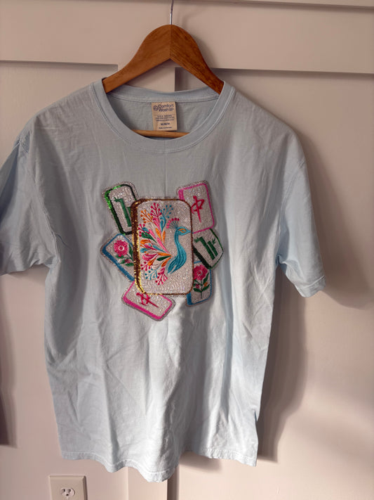 Light Blue Mahjong Tile Sequin Patch Tee