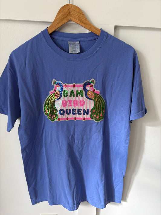 Deep Blue Mahjong “Bam Bird Queen” Sequin Patch Tee