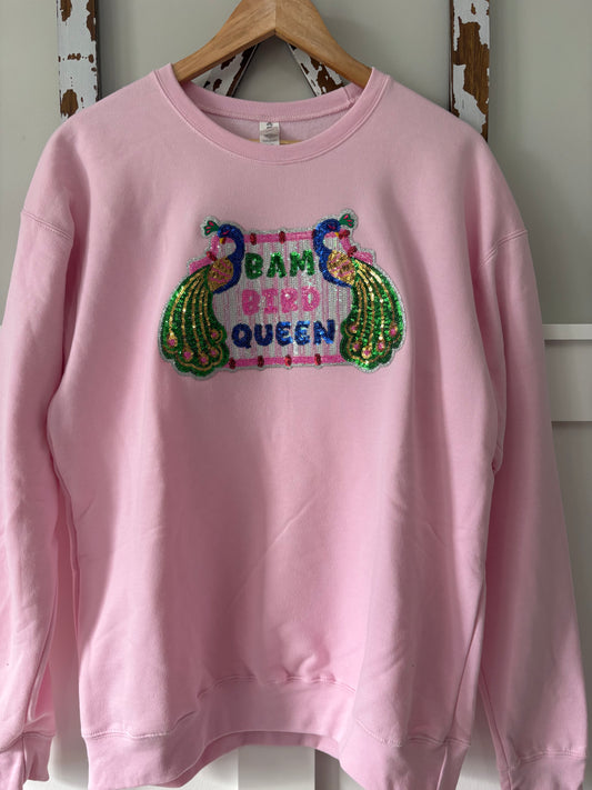 Light Pink “Bam Bird Queen” Mahjong Sequin Tile Sweatshirt