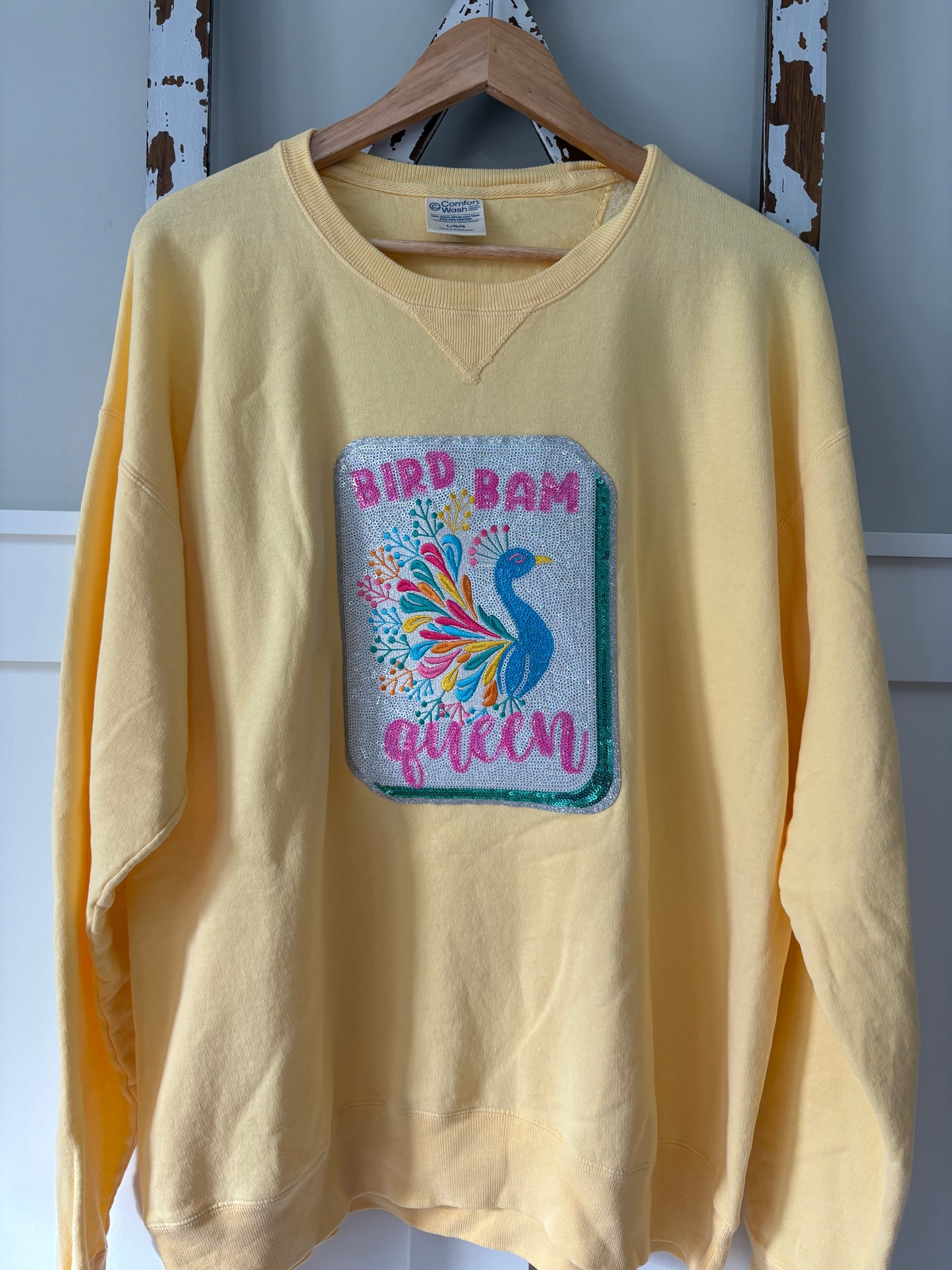 Lemon Yellow Mahjong “Bird Bam Queen” Sequin Tile Sweatshirt