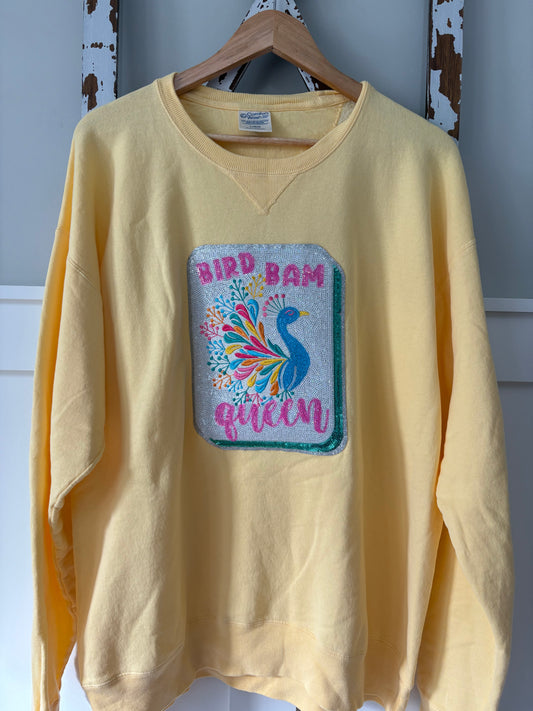 Lemon Yellow Mahjong “Bird Bam Queen” Sequin Tile Sweatshirt