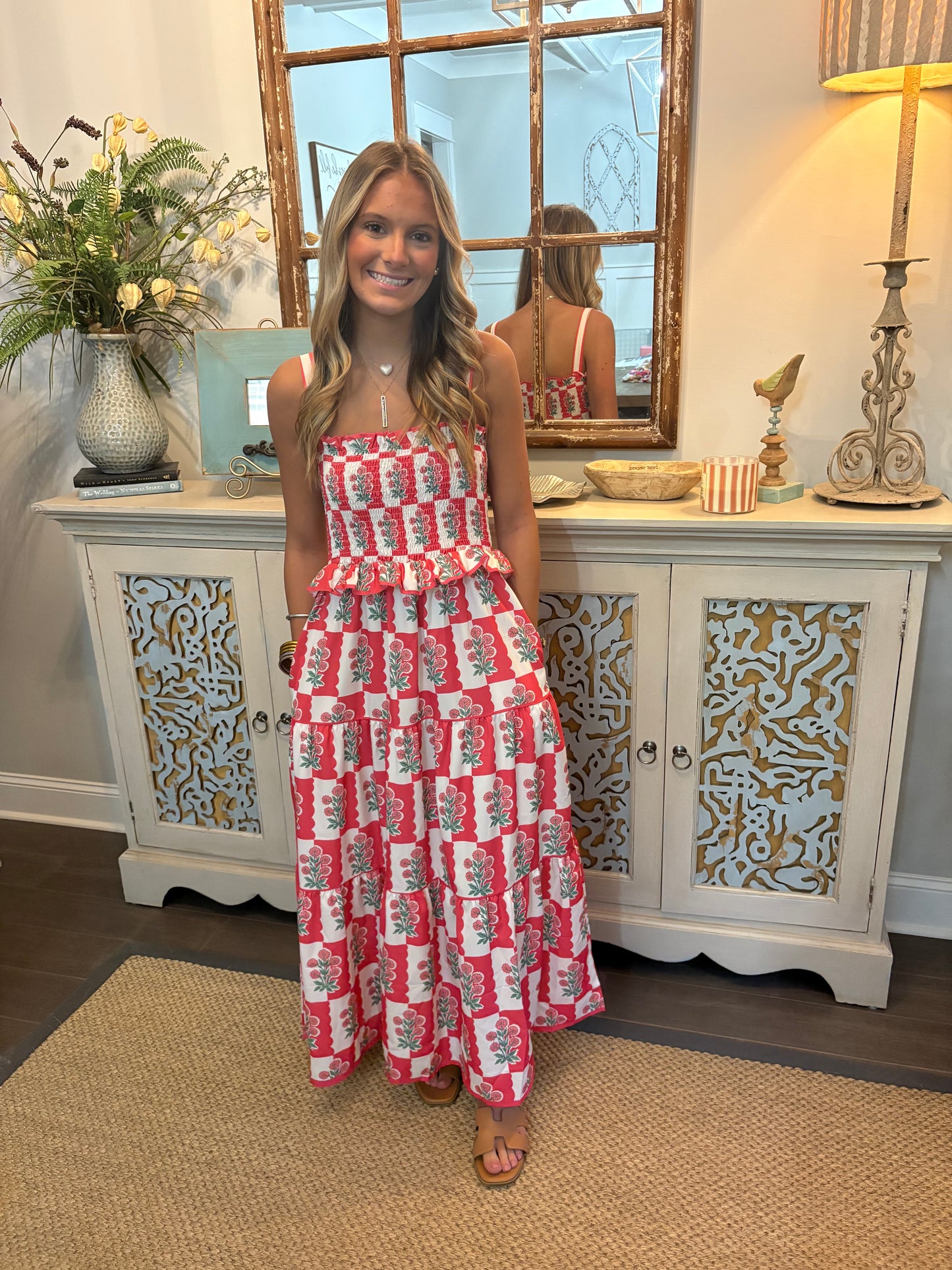 Pink White Floral Print Smocked Ruffle Maxi Dress