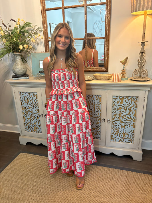 Pink White Floral Print Smocked Ruffle Maxi Dress