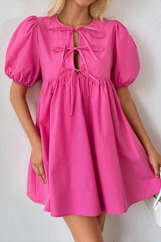 Bright Pink Puff Sleeve Tie Front Dress