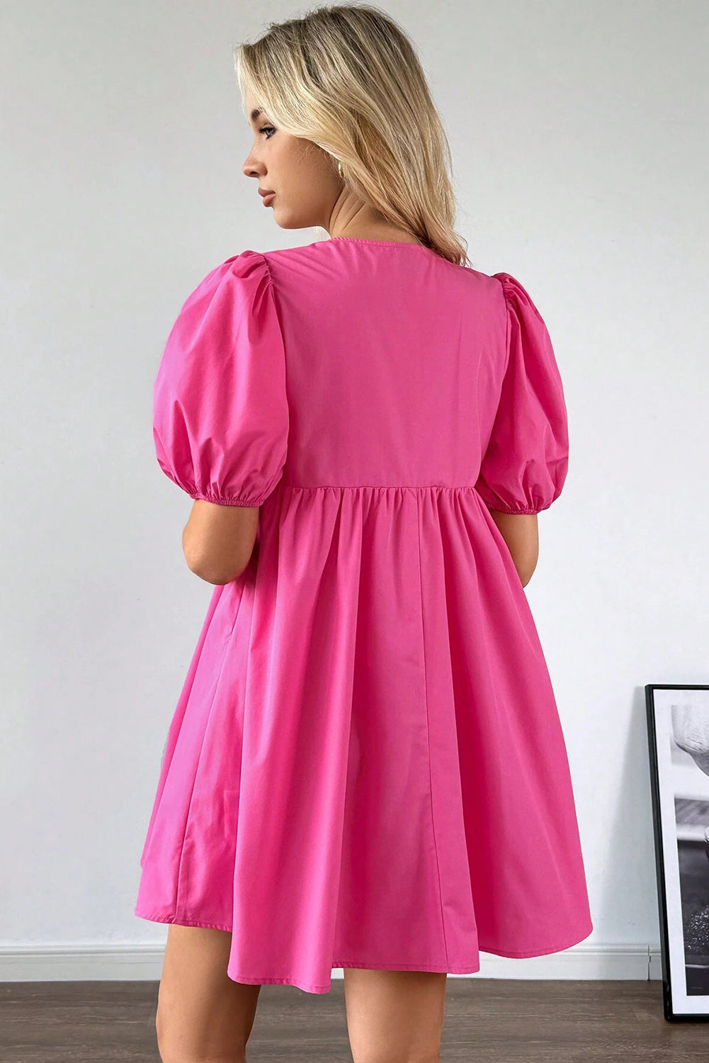 Bright Pink Puff Sleeve Tie Front Dress