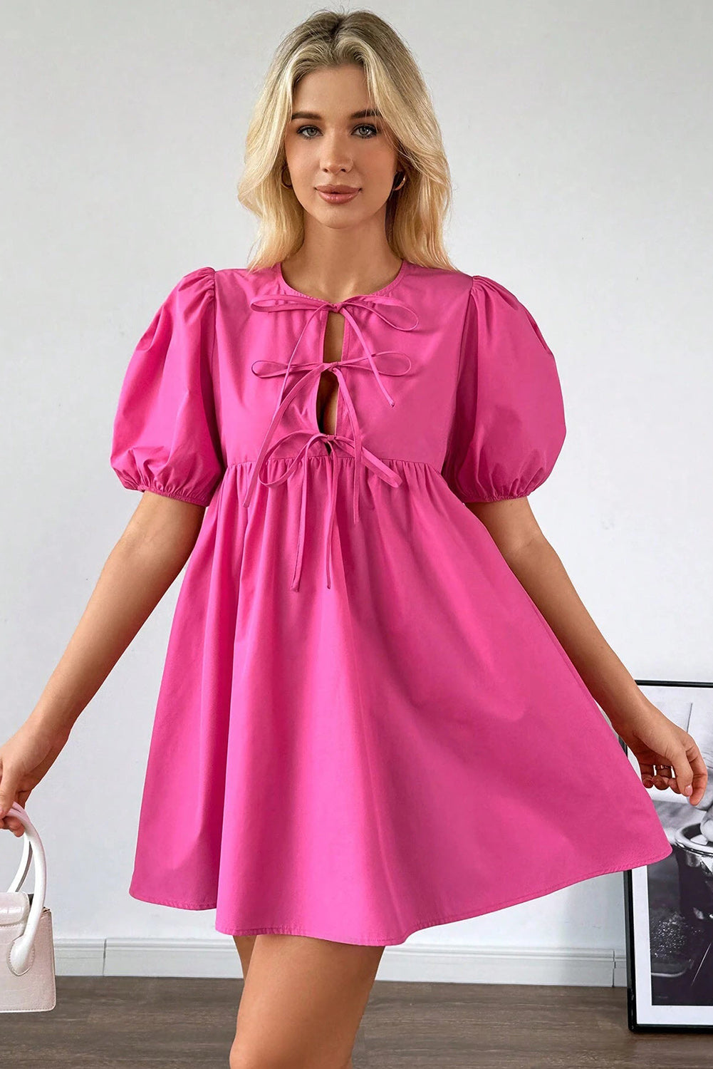 Bright Pink Puff Sleeve Tie Front Dress