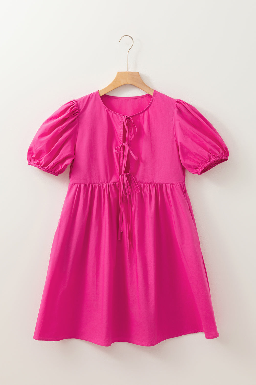Bright Pink Puff Sleeve Tie Front Dress