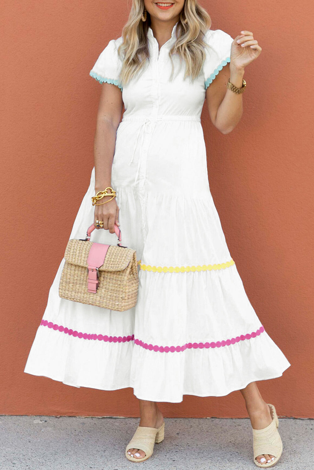 White Colorblock Rickrack Trim Dress