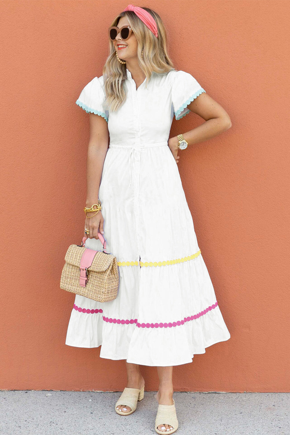 White Colorblock Rickrack Trim Dress
