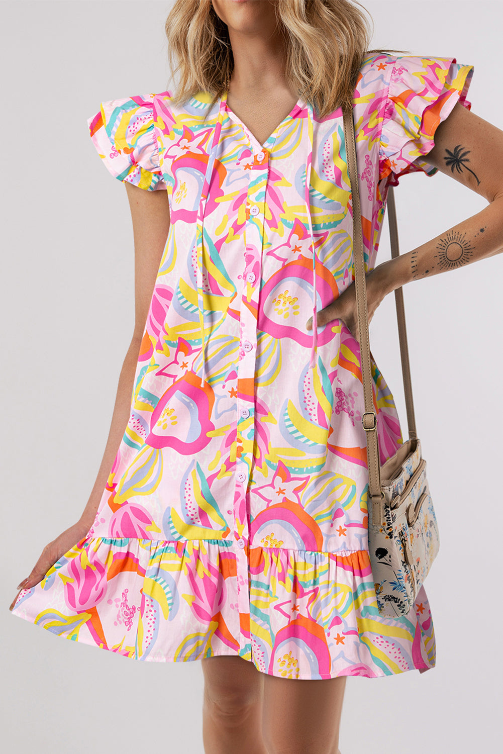 Pink Abstract Floral Ruffle Trim Flutter Sleeve Dress