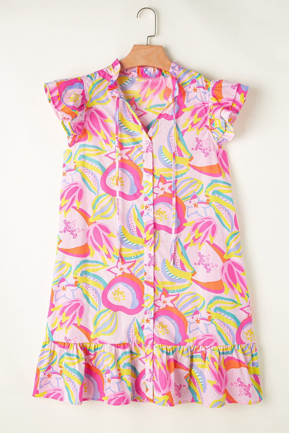 Pink Abstract Floral Ruffle Trim Flutter Sleeve Dress