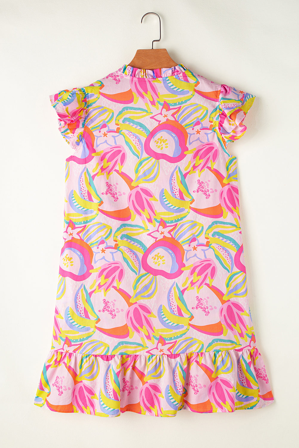 Pink Abstract Floral Ruffle Trim Flutter Sleeve Dress