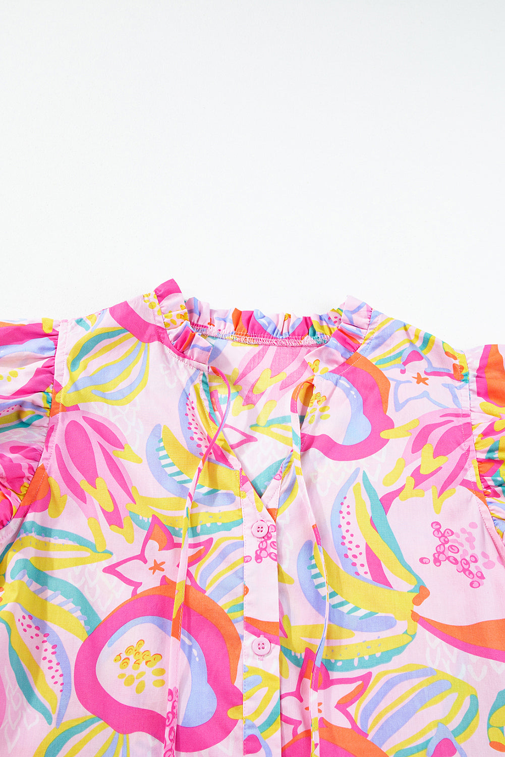 Pink Abstract Floral Ruffle Trim Flutter Sleeve Dress