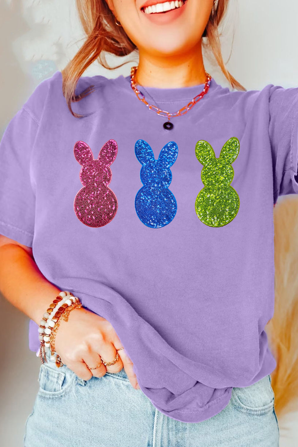 Purple Easter Shiny Bunny Crewneck Tee
