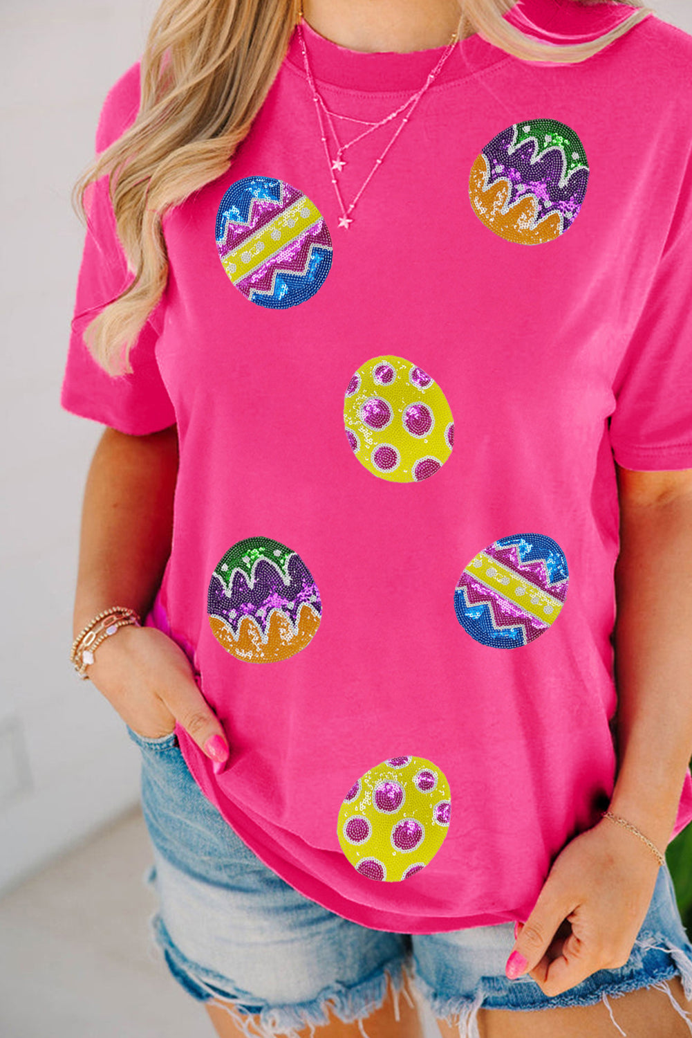 Pink Sequin Easter Eggs Crewneck Tee