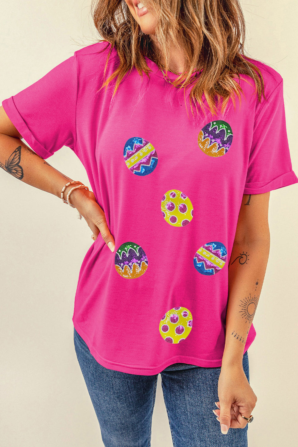 Pink Sequin Easter Eggs Crewneck Tee