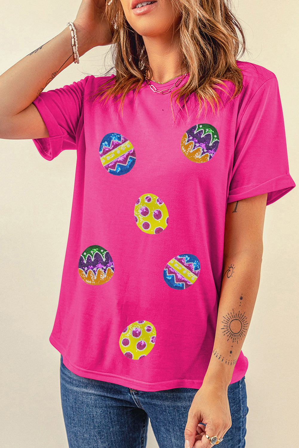 Pink Sequin Easter Eggs Crewneck Tee