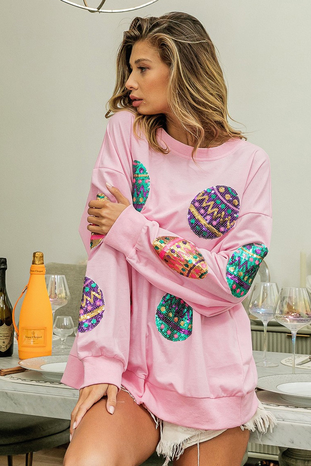 Light Pink Sequined Easter Egg Oversized Sweatshirt