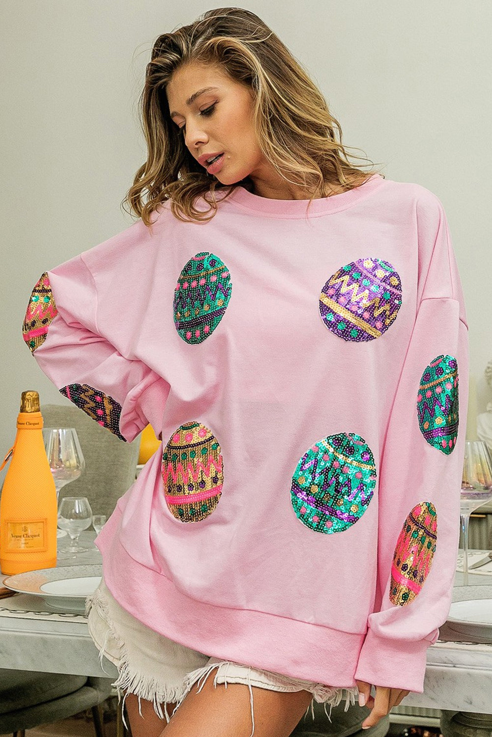 Light Pink Sequined Easter Egg Oversized Sweatshirt