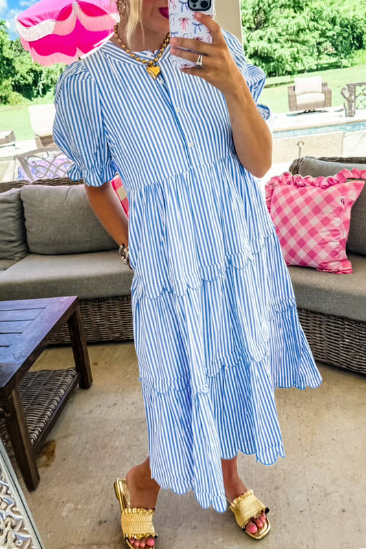 Blue Stripe Short Sleeve Tiered Scallop Long Dress