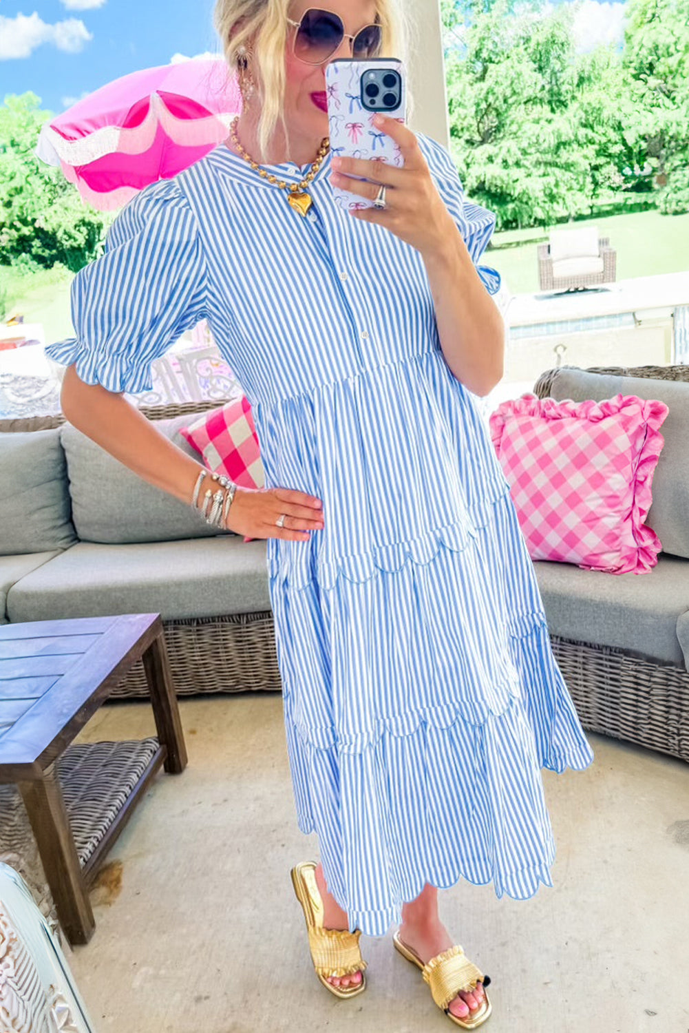 Blue Stripe Short Sleeve Tiered Scallop Long Dress