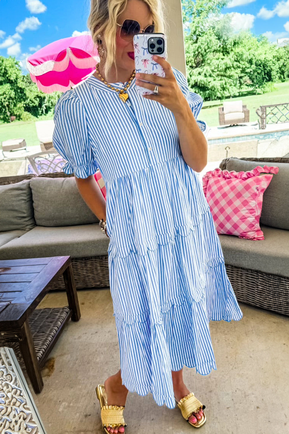 Blue Stripe Short Sleeve Tiered Scallop Long Dress