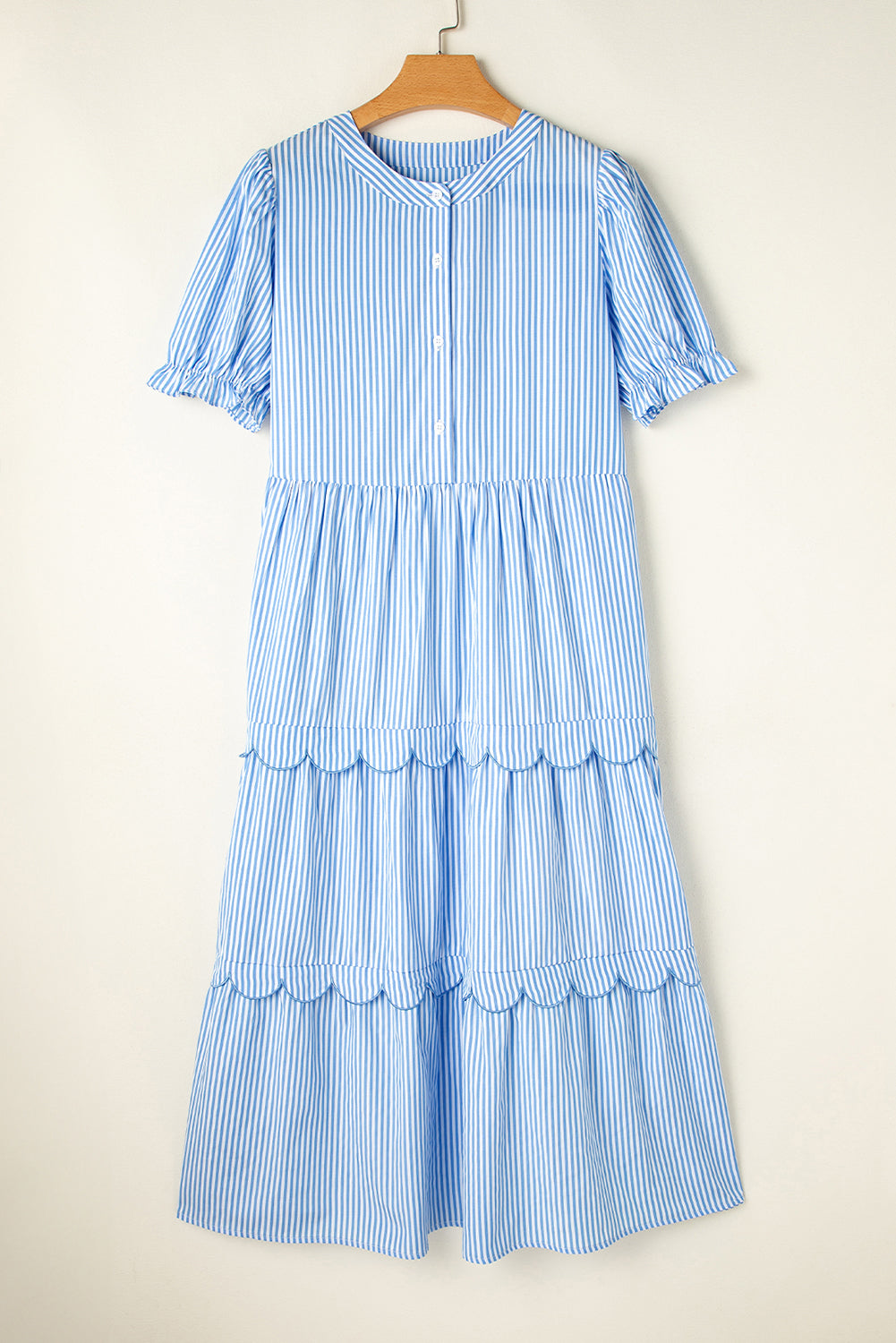 Blue Stripe Short Sleeve Tiered Scallop Long Dress