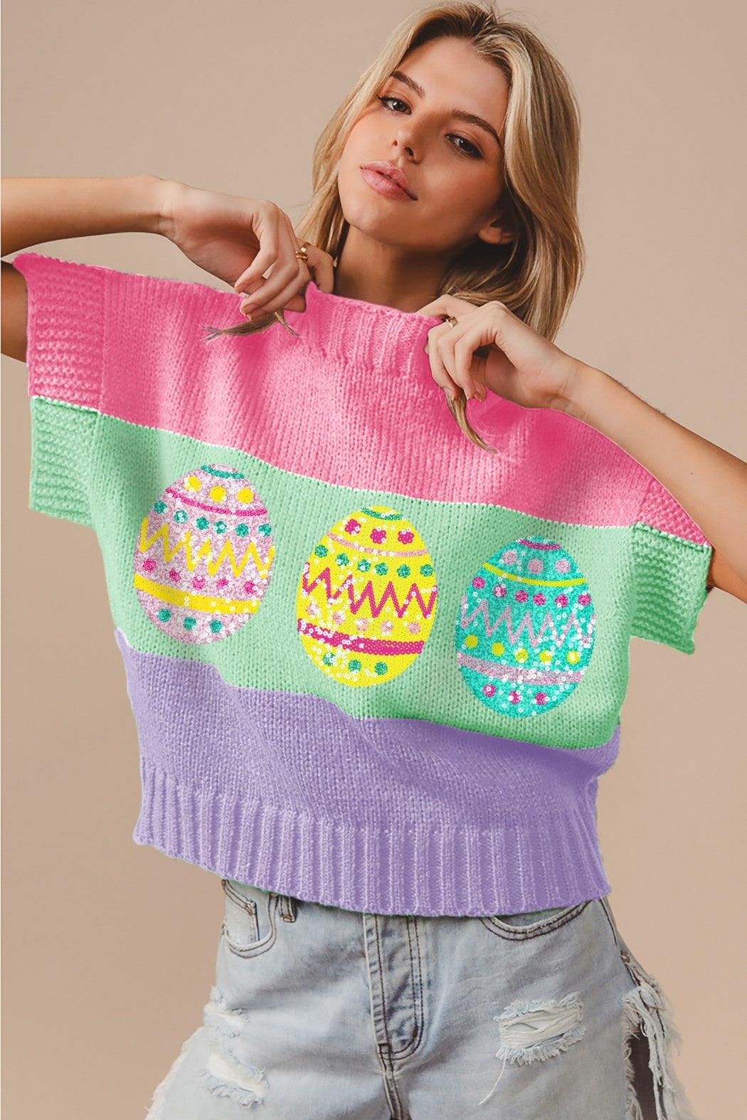 EASTER EGGS SEQUIN EMBROIDERY RIB BANDED SLEEVELES