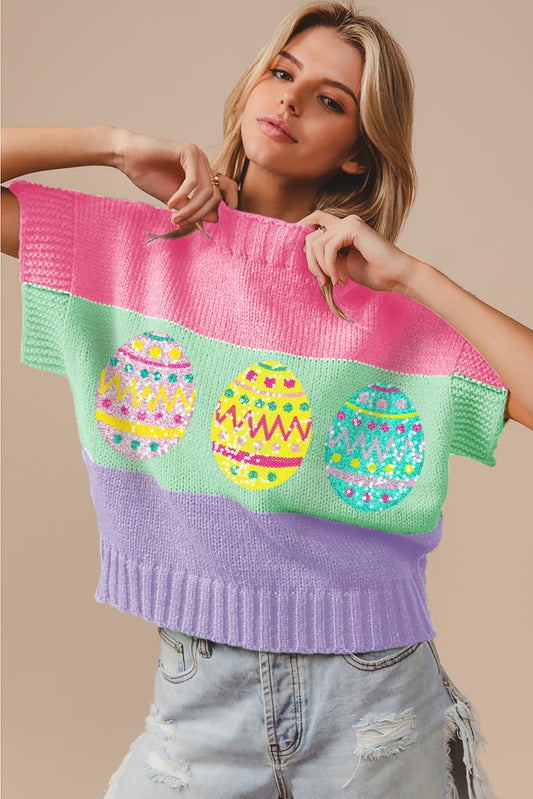 EASTER EGGS SEQUIN EMBROIDERY RIB BANDED SLEEVELES