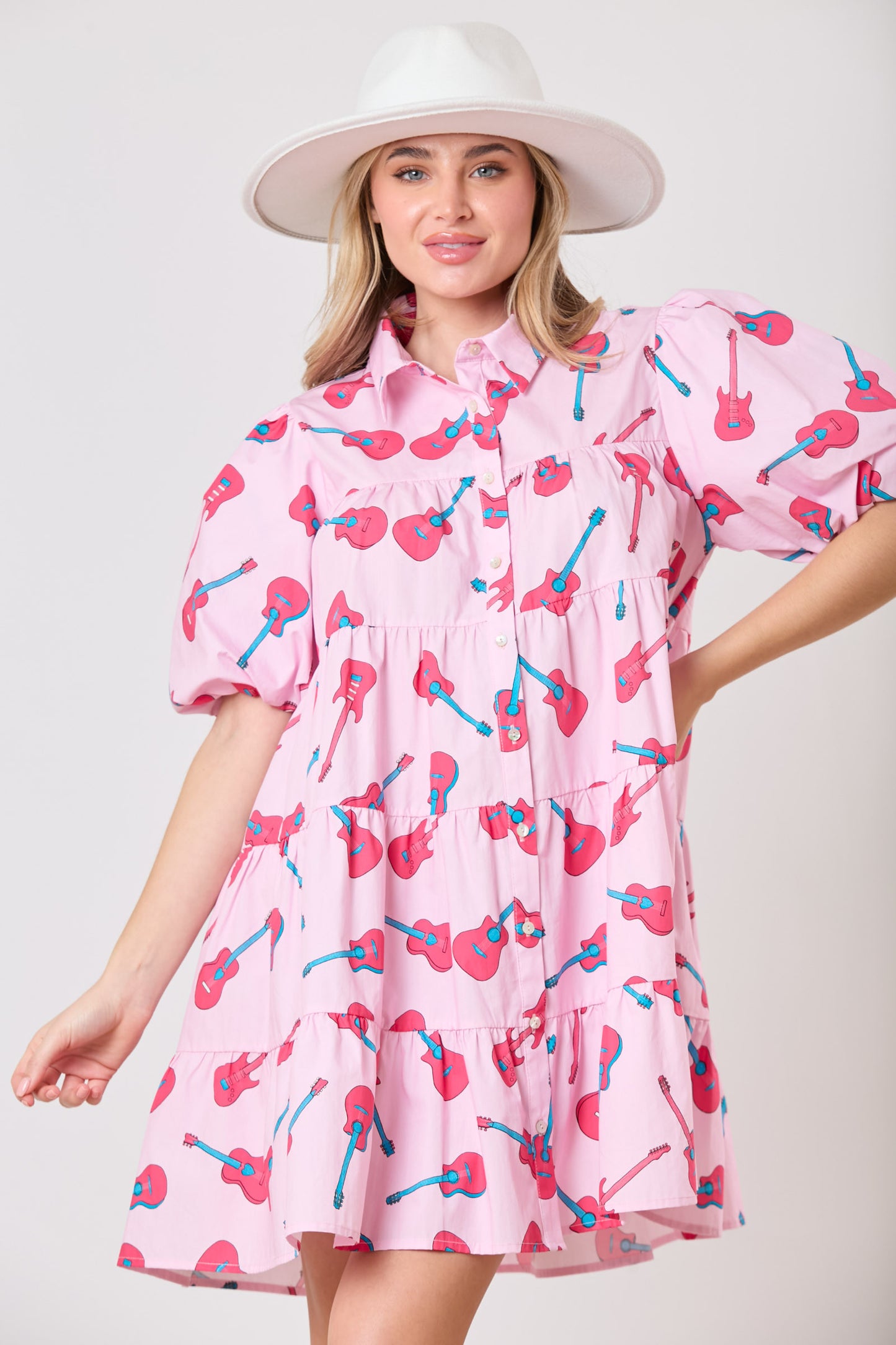 Pink Guitar Print Puff Sleeve Shirt Dress