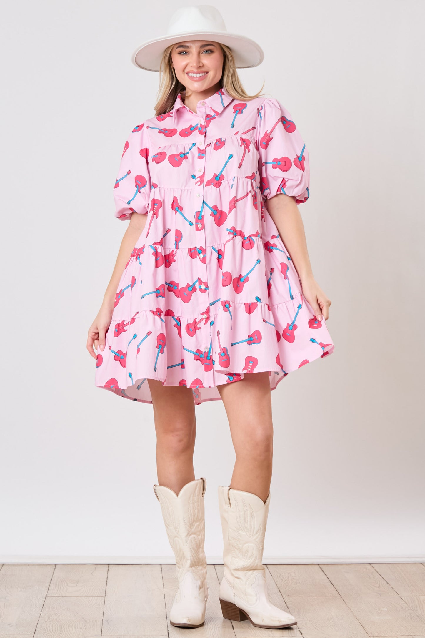 Pink Guitar Print Puff Sleeve Shirt Dress