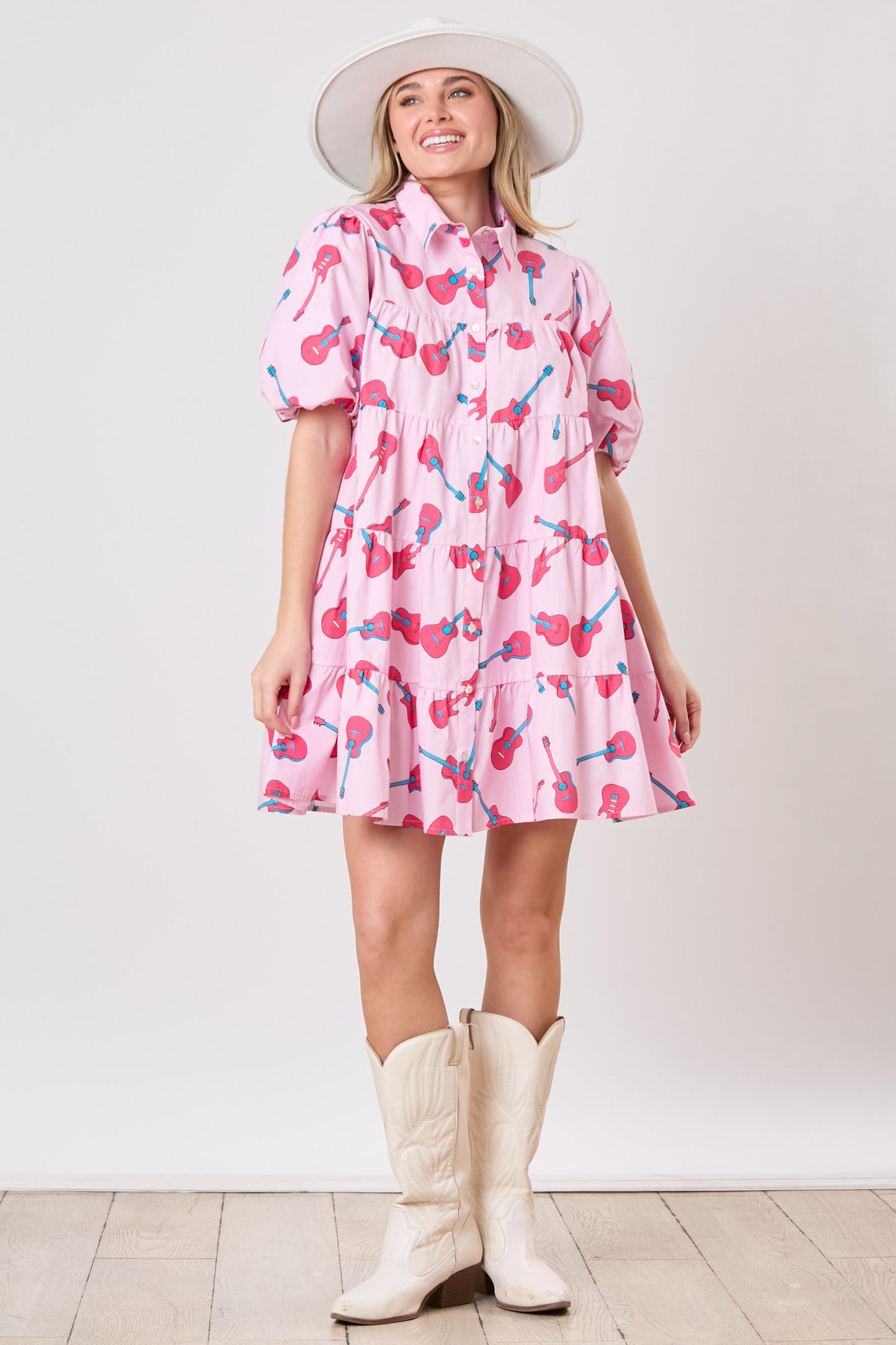 Pink Guitar Print Puff Sleeve Shirt Dress