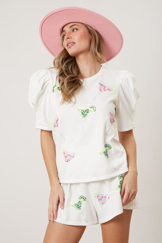 White Sequin Margarita Embroidery Shorts Set