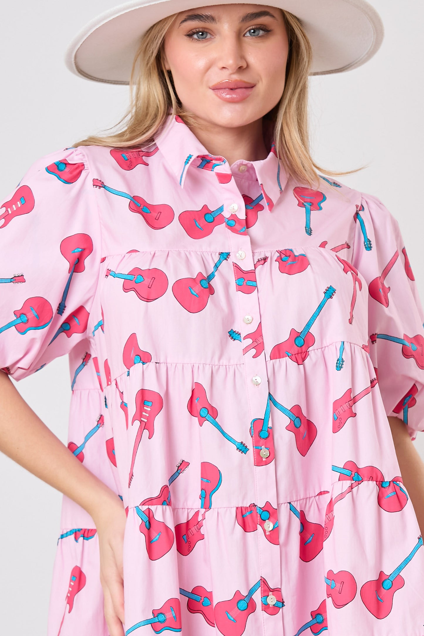 Pink Guitar Print Puff Sleeve Shirt Dress
