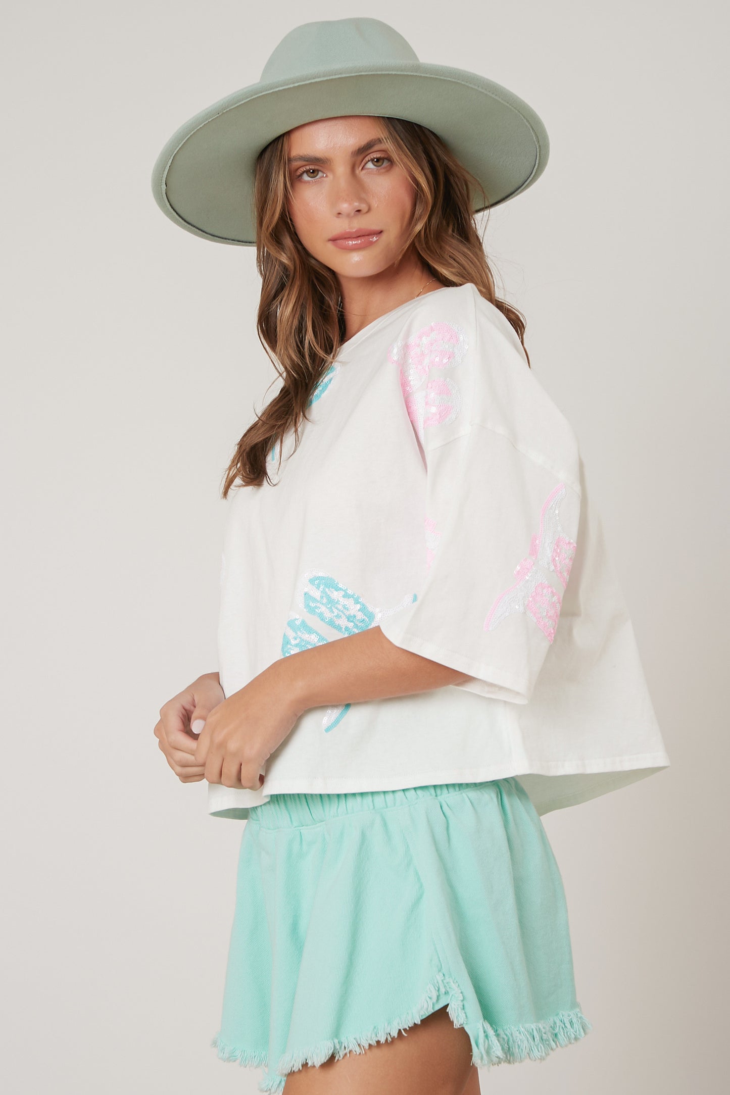 White Cowgirl Boots Sequin Tee