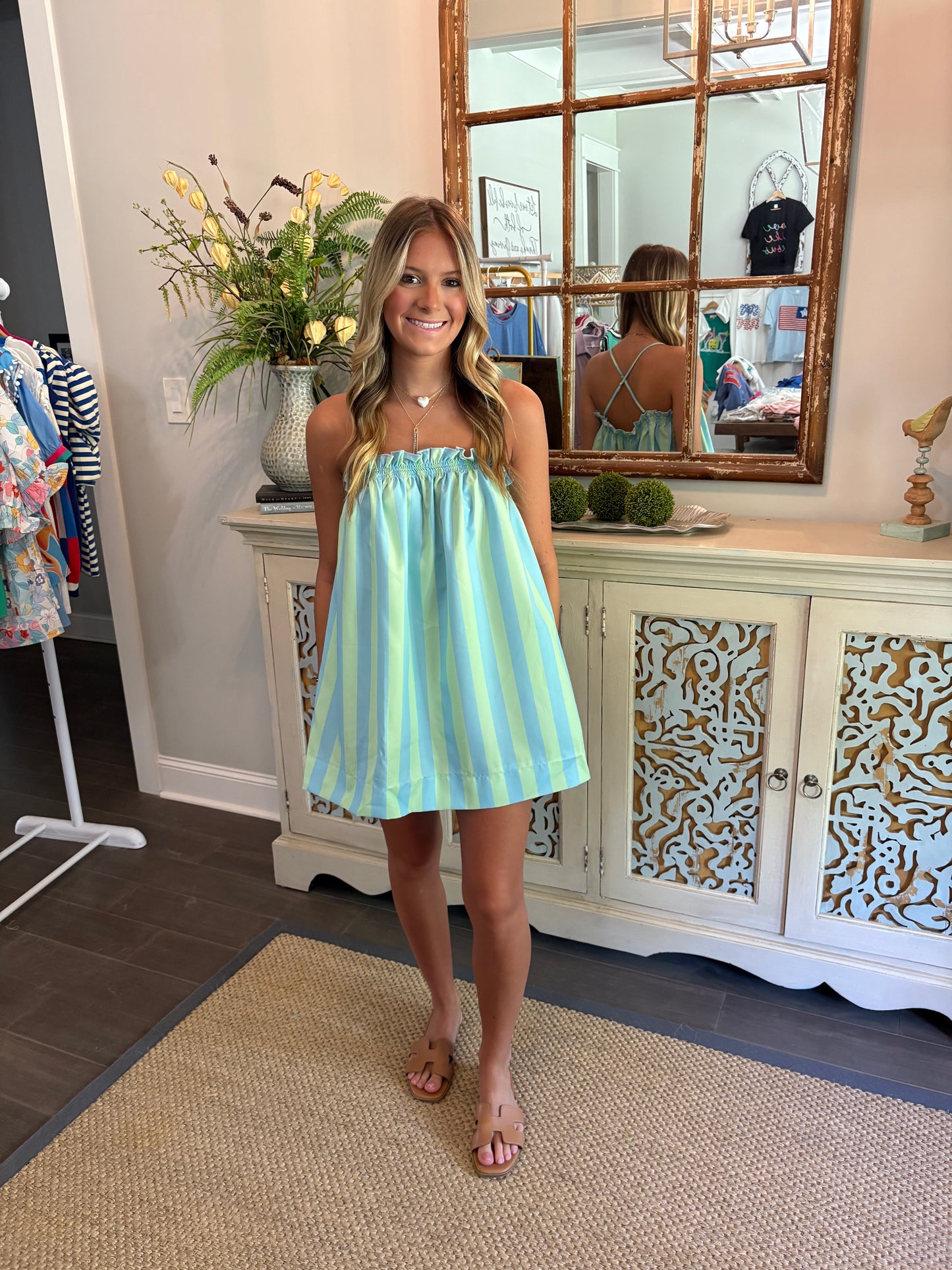 Lime Teal Striped Short Dress