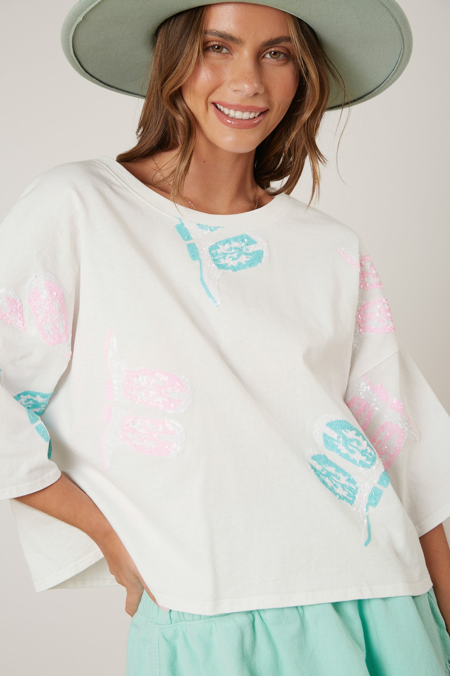 White Cowgirl Boots Sequin Tee