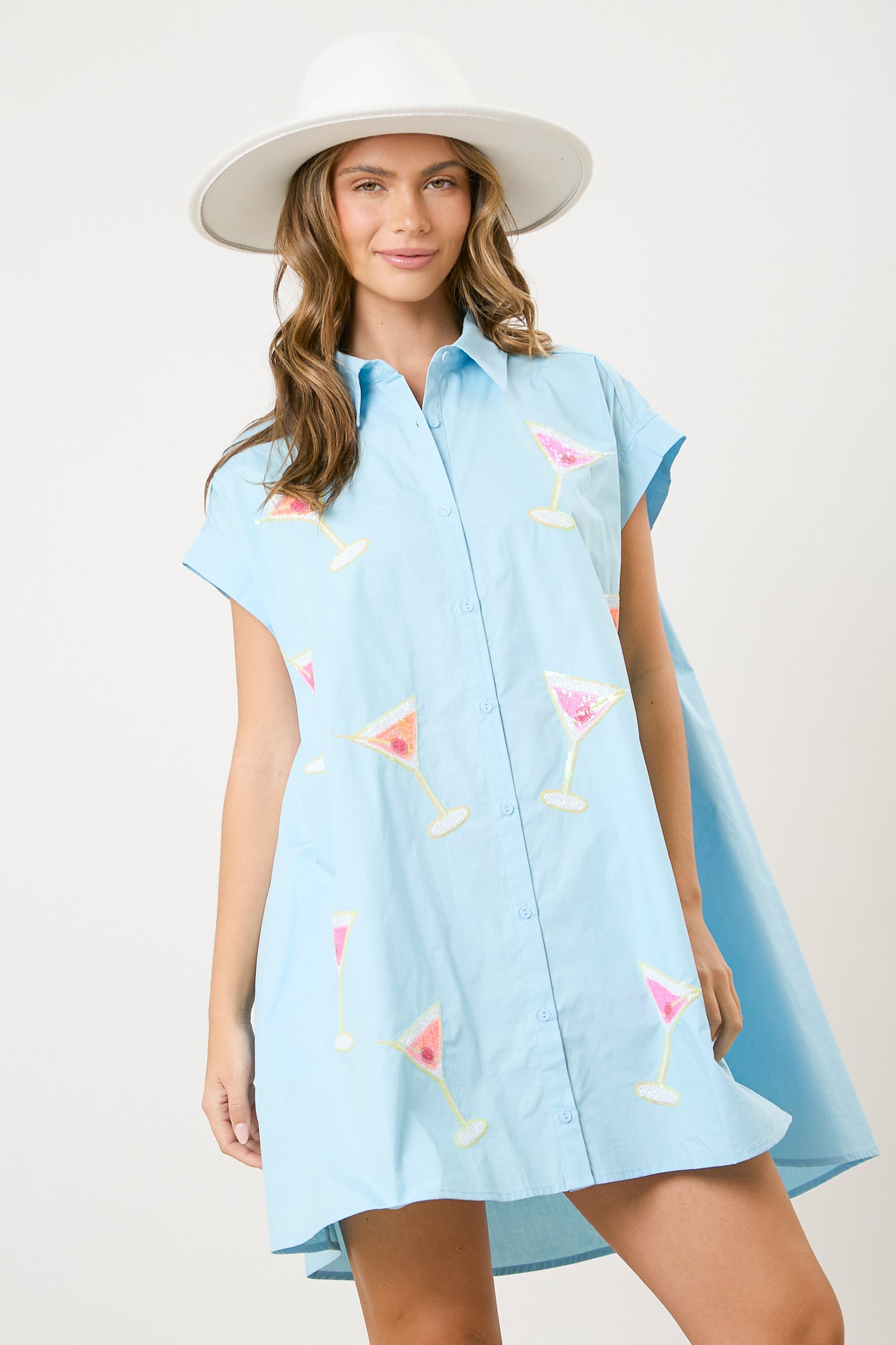 Baby Blue Sequin Martinis Shirt Dress