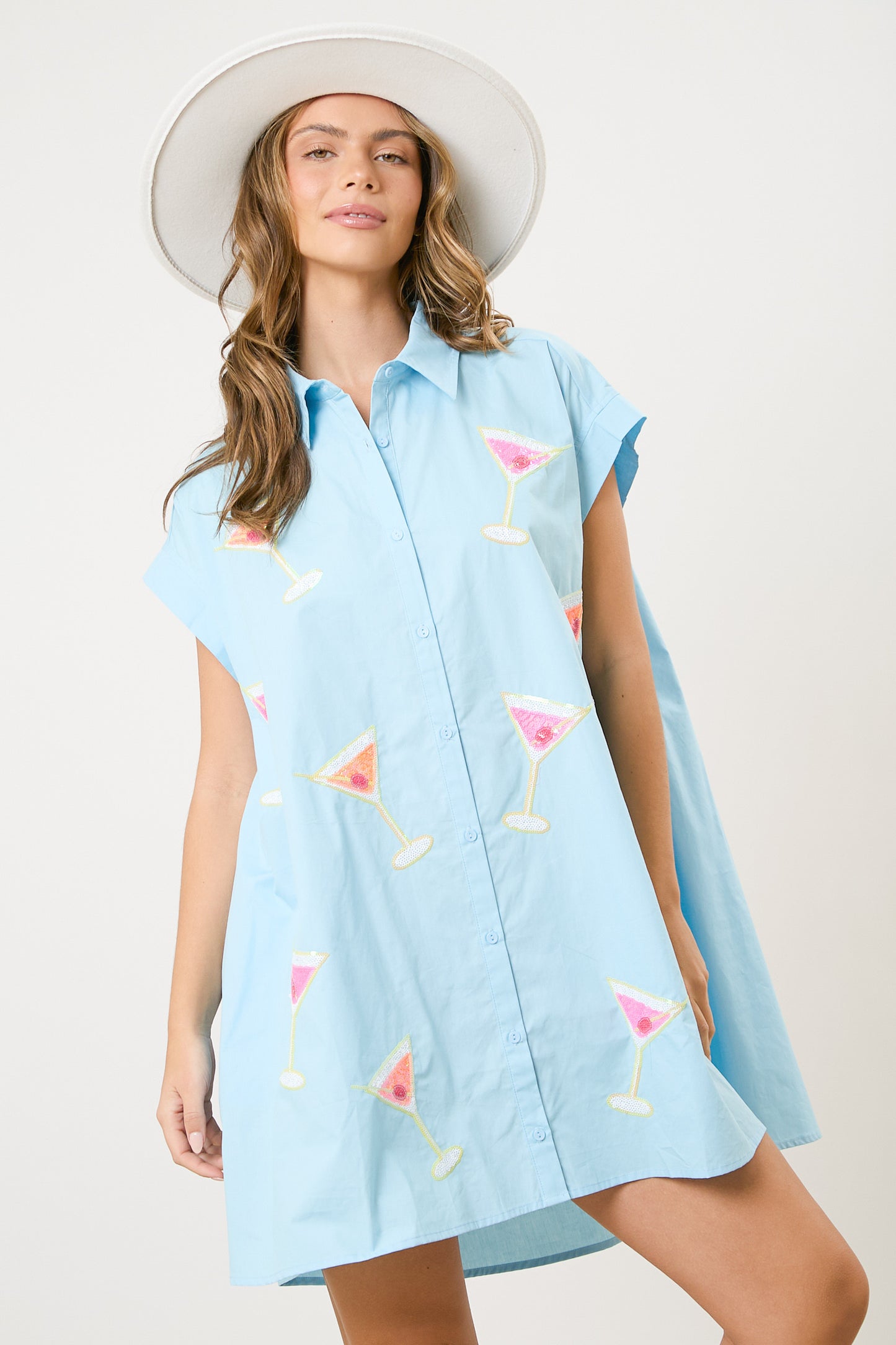 Baby Blue Sequin Martinis Shirt Dress