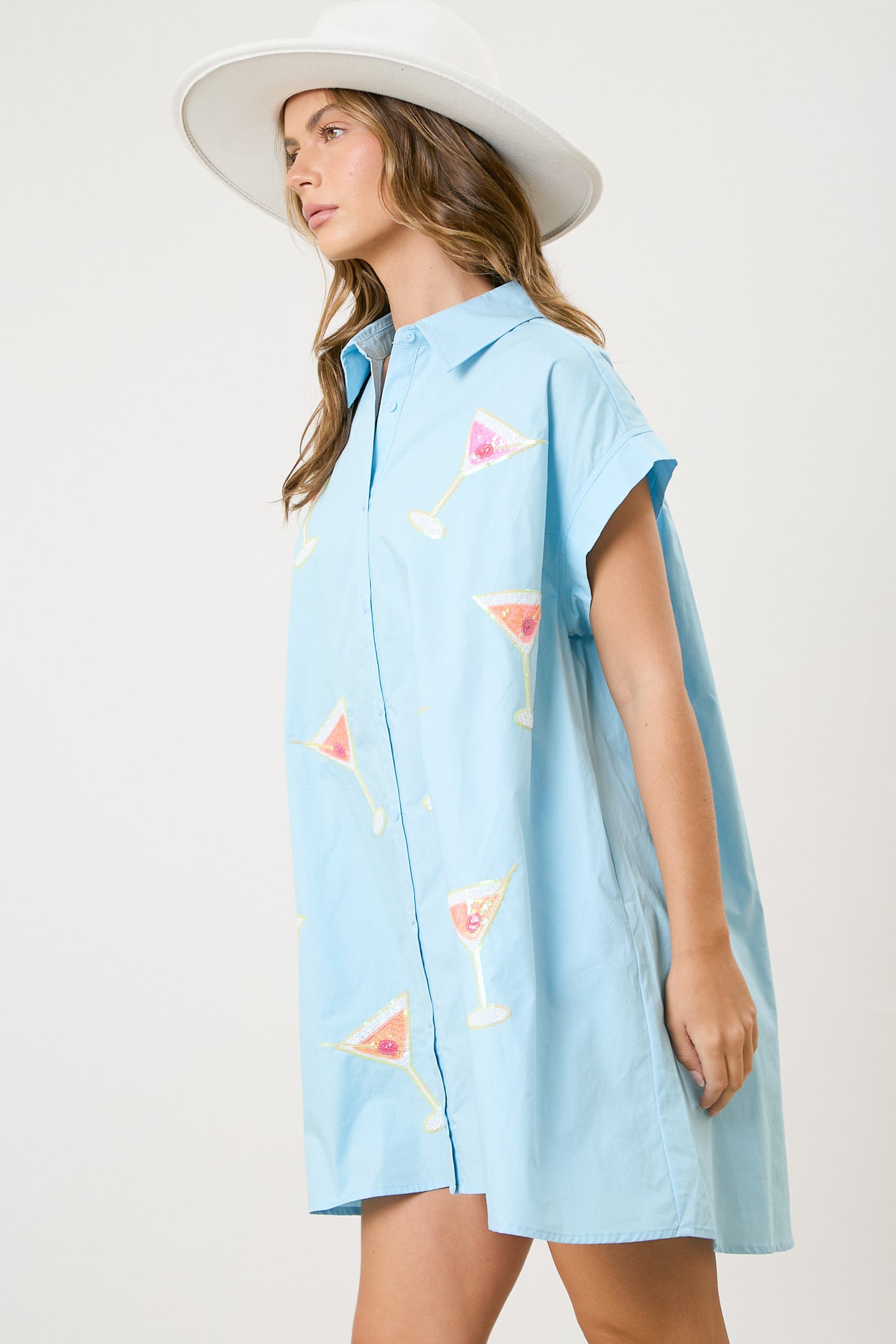 Baby Blue Sequin Martinis Shirt Dress