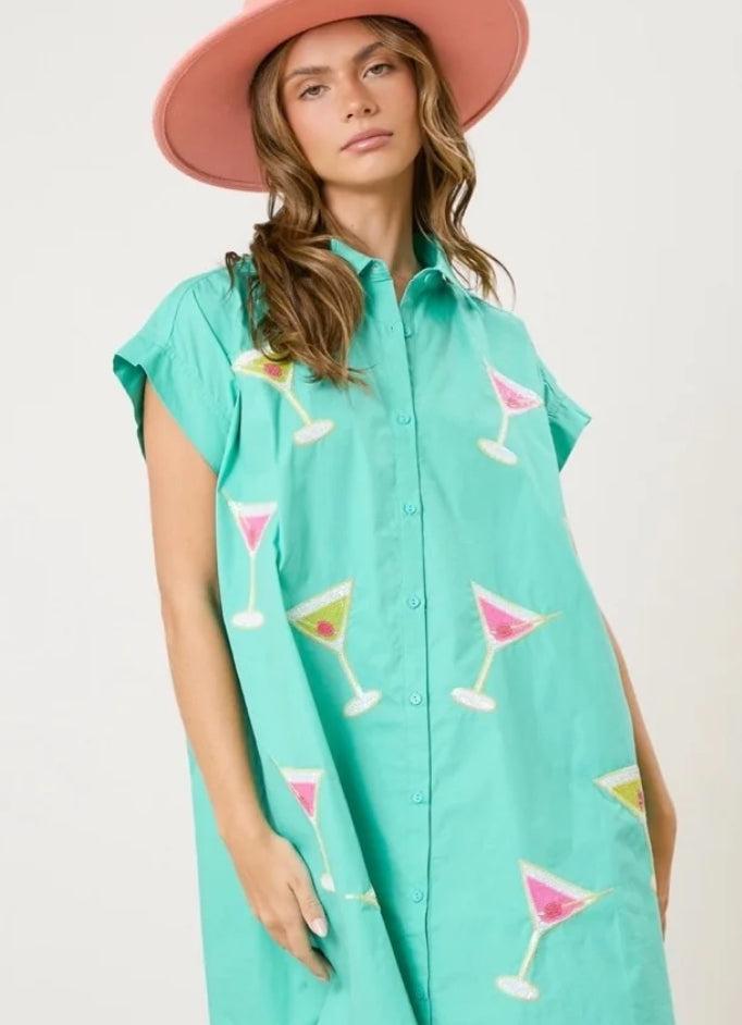 Mint Sequin Martini Shirt Dress