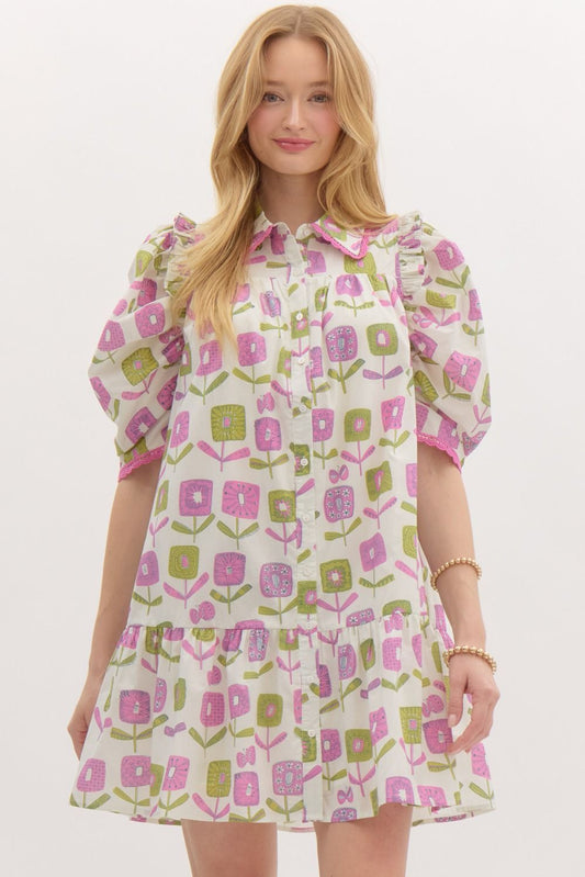 Light Purple Floral Print Button Up Ruffle Mini Dress