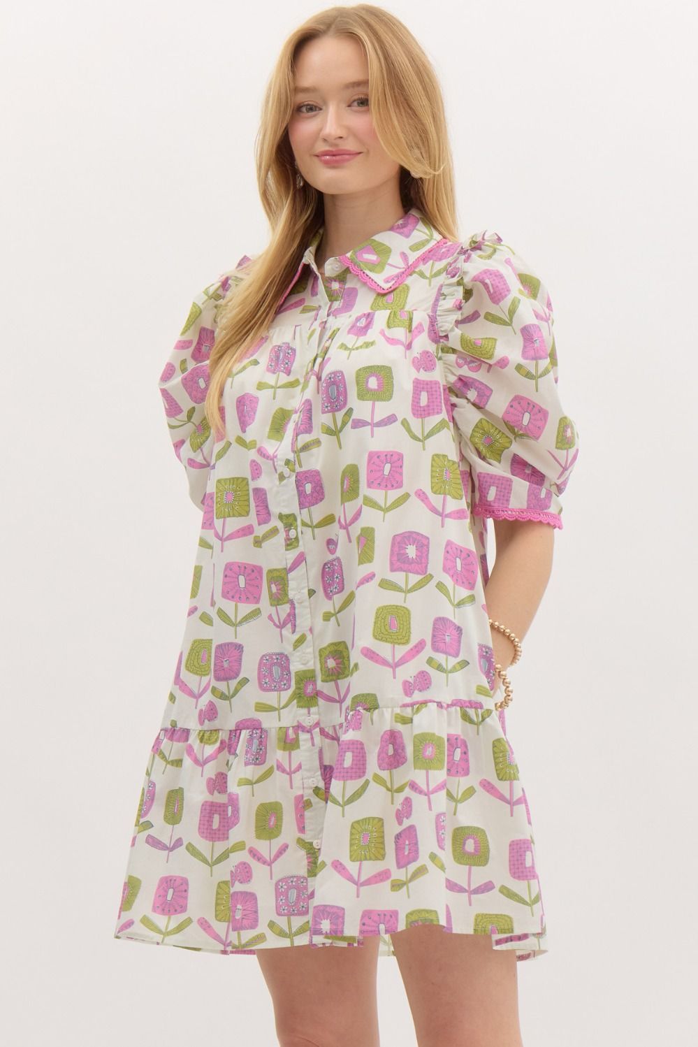 Light Purple Floral Print Button Up Ruffle Mini Dress