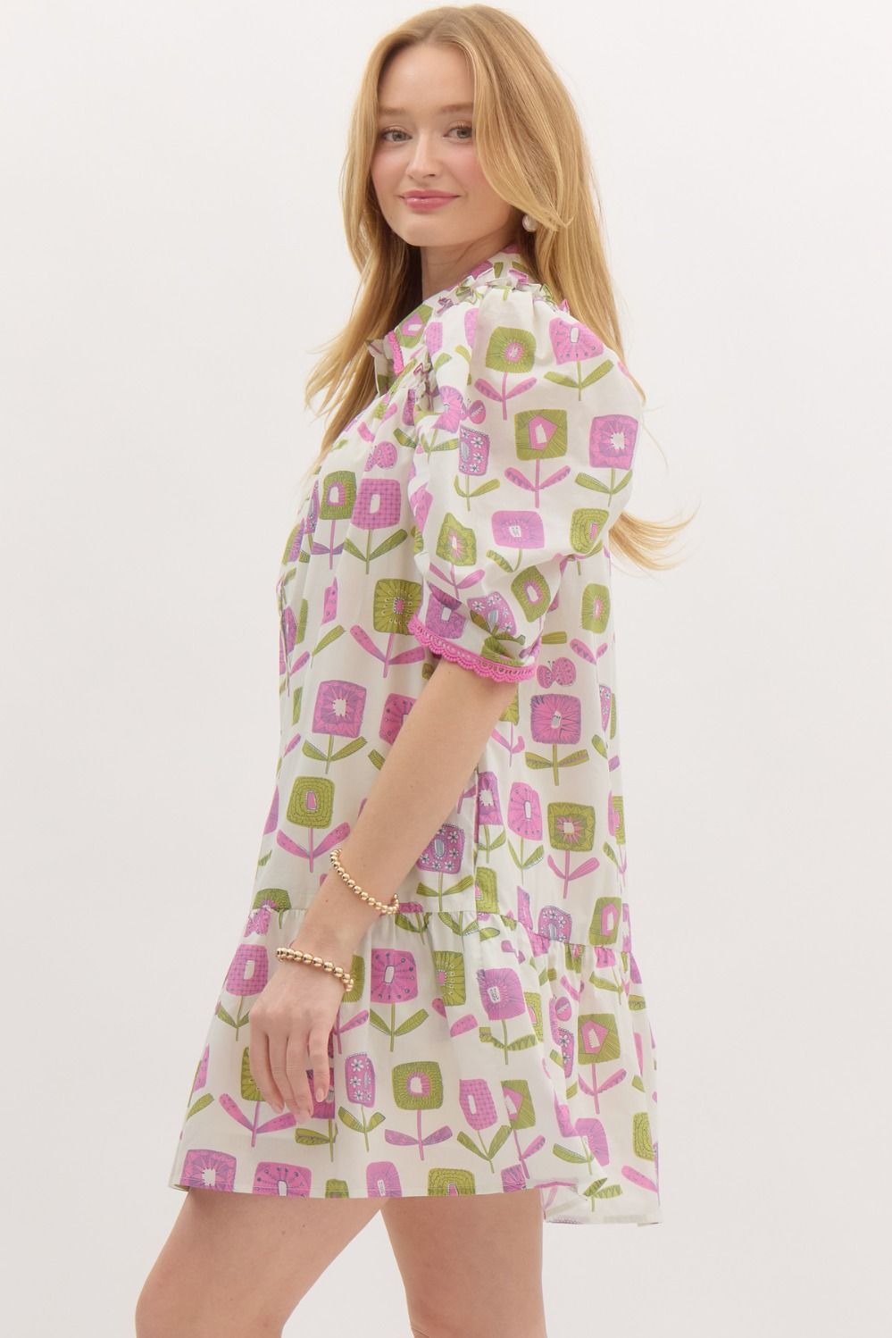 Light Purple Floral Print Button Up Ruffle Mini Dress