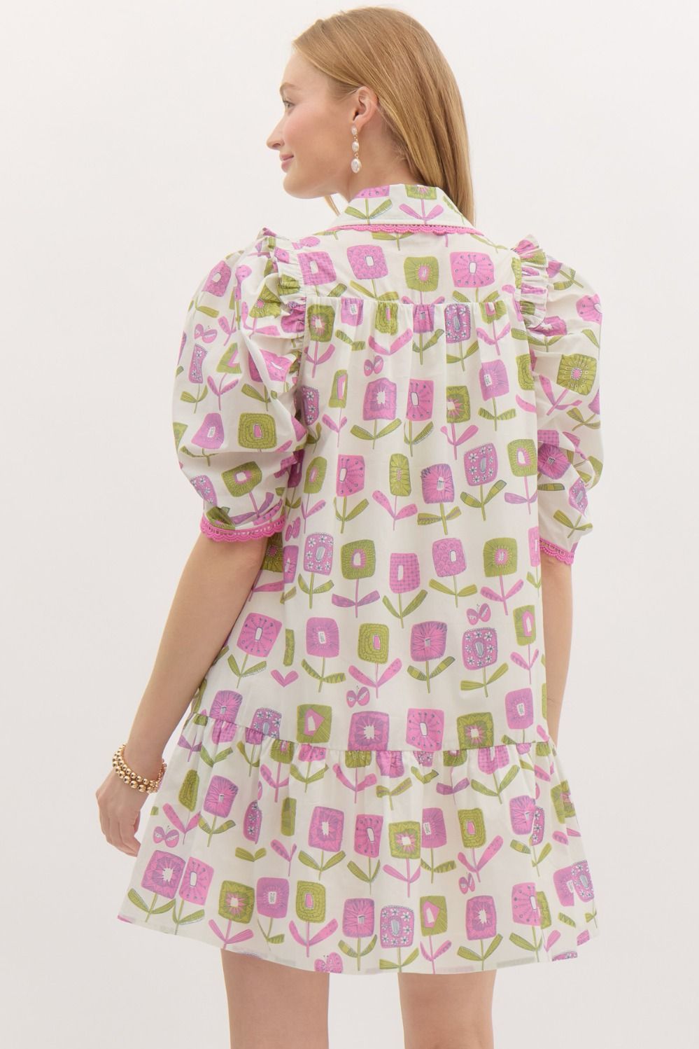 Light Purple Floral Print Button Up Ruffle Mini Dress