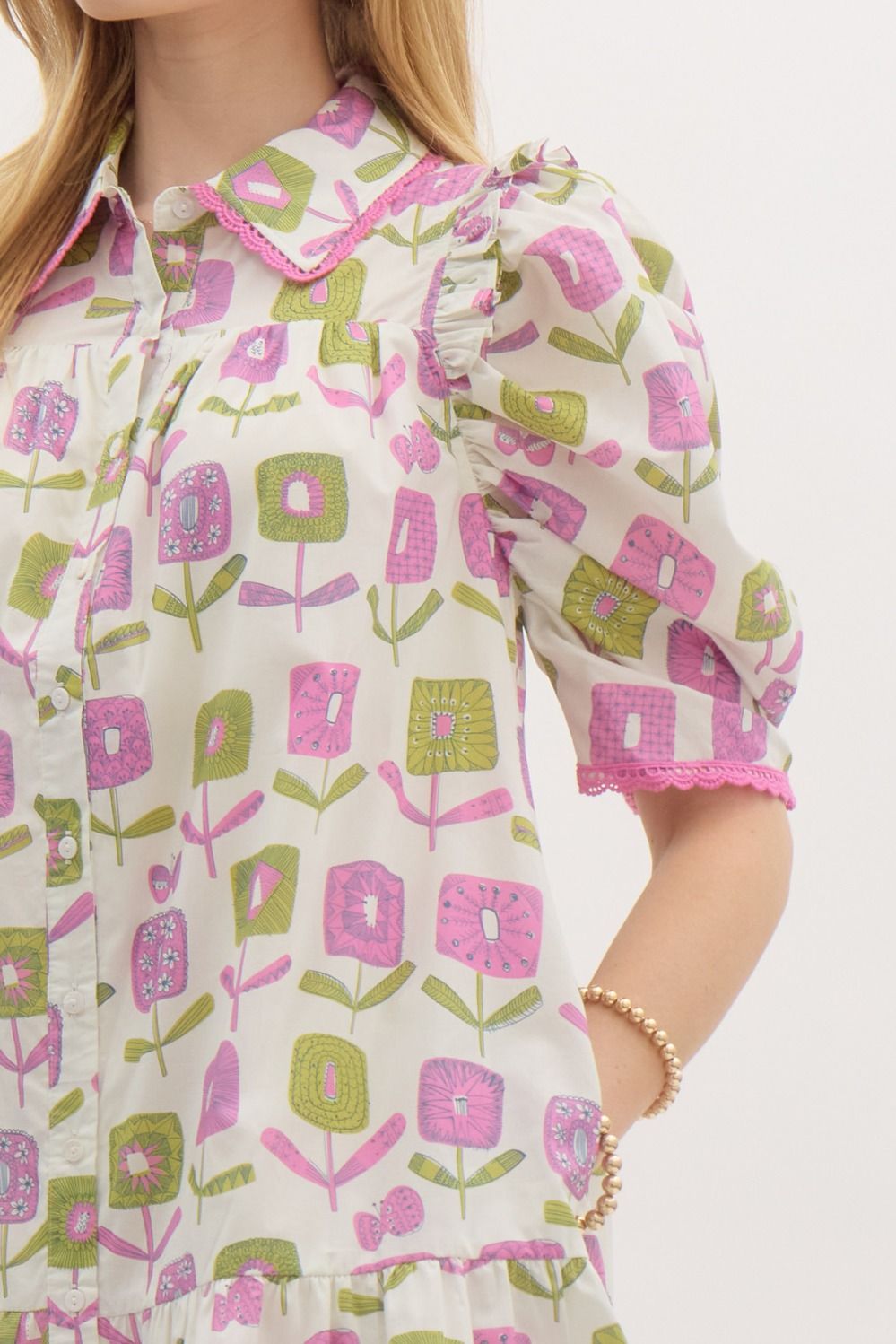 Light Purple Floral Print Button Up Ruffle Mini Dress