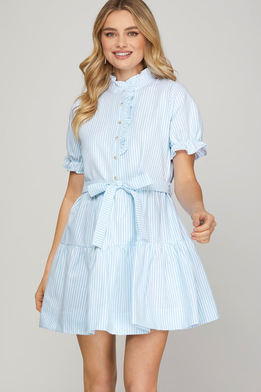 Light Blue Striped Ruffle Mini Dress