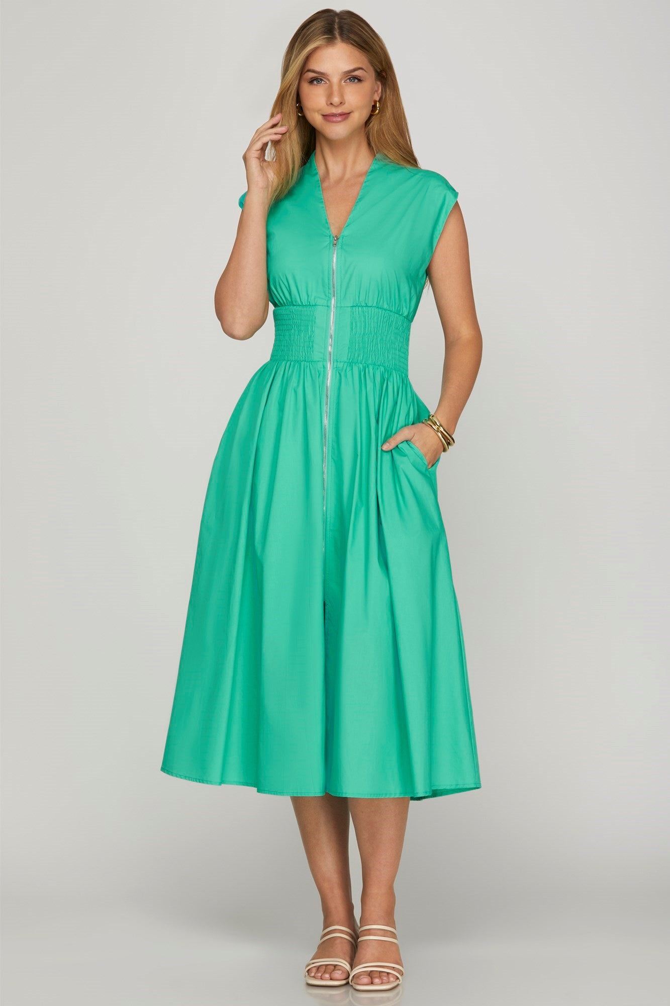 Jade Zip Front Shirred Waist Midi Dress