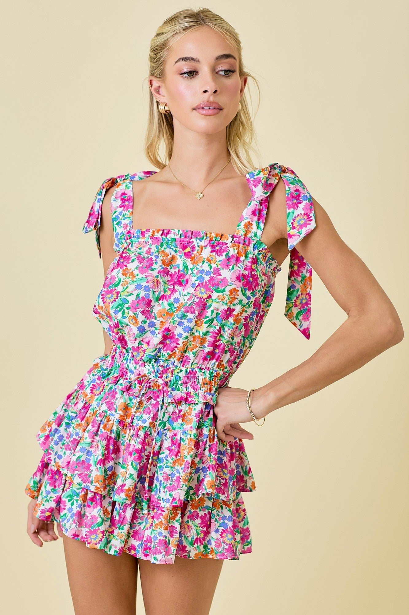 FLORAL PRINT ROMPER DRESS WITH SHOULDER TIE STRAP