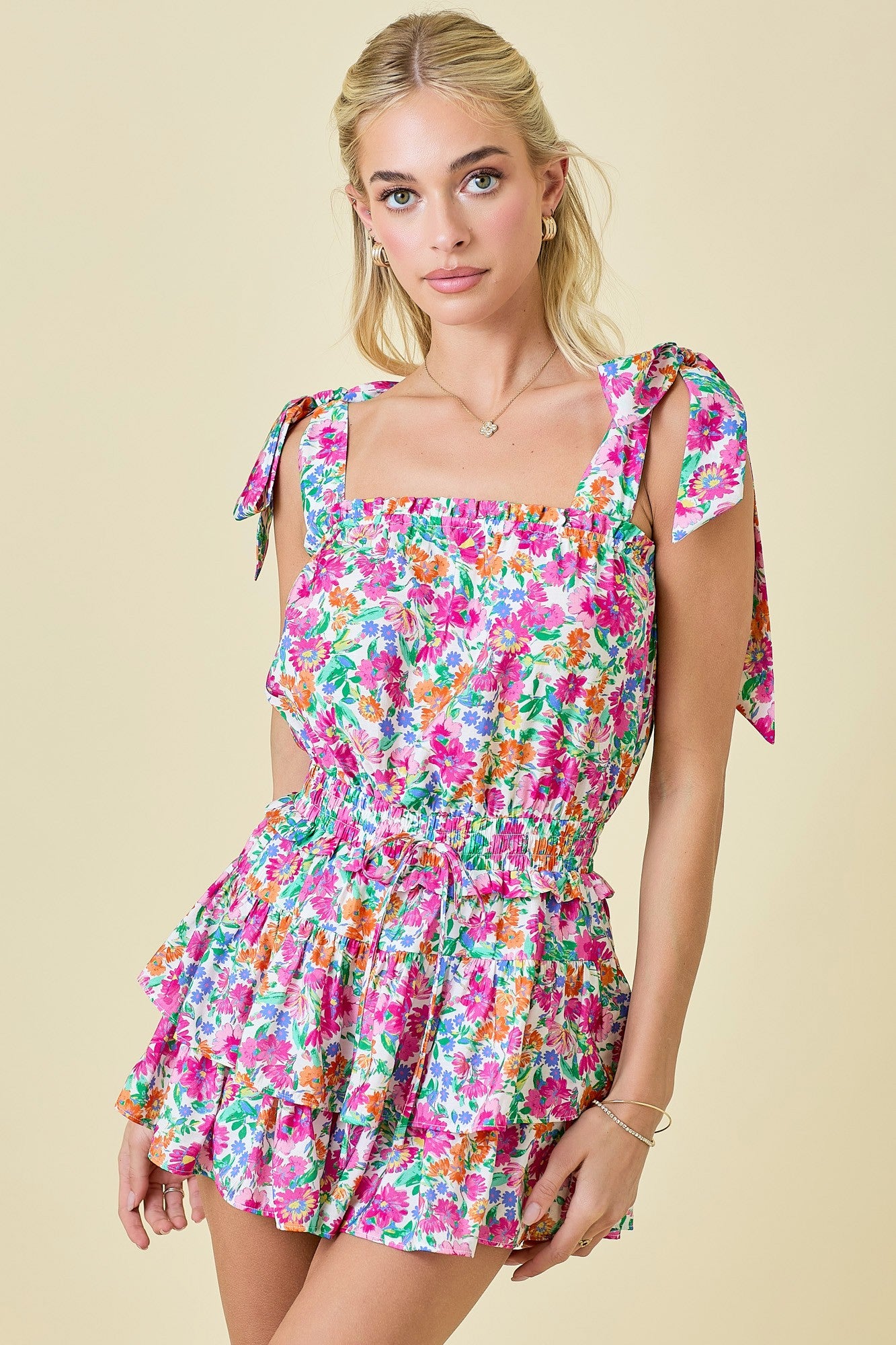 FLORAL PRINT ROMPER DRESS WITH SHOULDER TIE STRAP